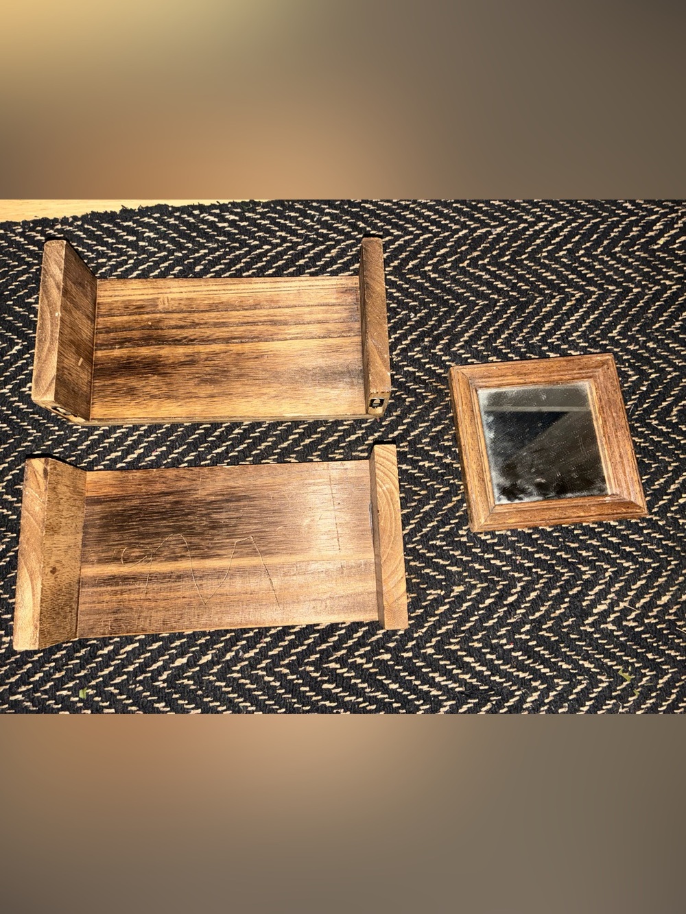 Rustic Wooden Shelf Set with Small Framed Mirror - Brown